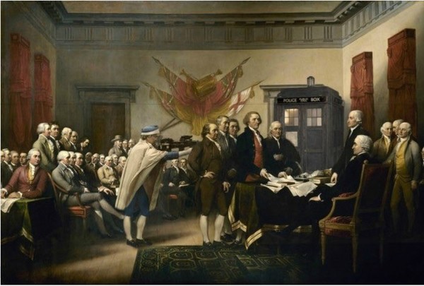 1776년 7월4일 대륙회의에서 토머스 제퍼슨을 비롯한 5인의 기초의원이 독립선언문을 의장에게 제출하고 있다