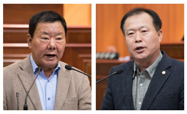 의장과 부의장으로 각각 나서는 4선의 정길수 의원(왼쪽)과 3선의 김영일 의원/사진=군산시의회