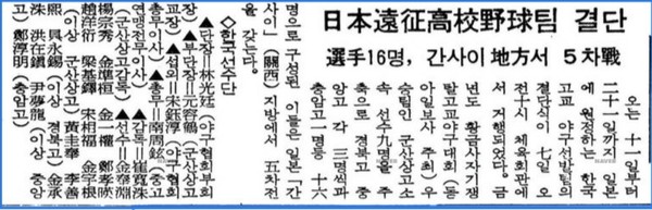 일본원정 고교야구팀 결단식 기사(1972년 11월 7일 동아일보)